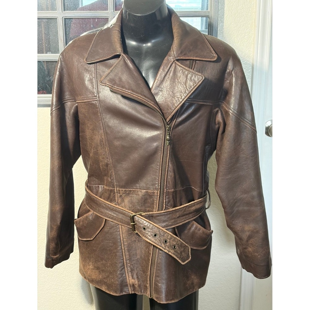 Vintage Express Avenue de L'Opera Brown Leather Belted Moto Jacket Medium